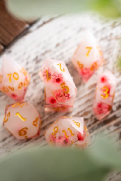 PINK BLOSSOM HANDMADE RESIN DND DICE SET MTG TABLETOP GAMING