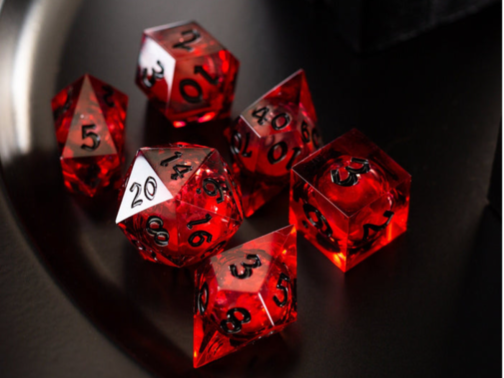 BLOOD RED GLITTER LIQUID CORE HANDMADE RESIN DND DICE SET