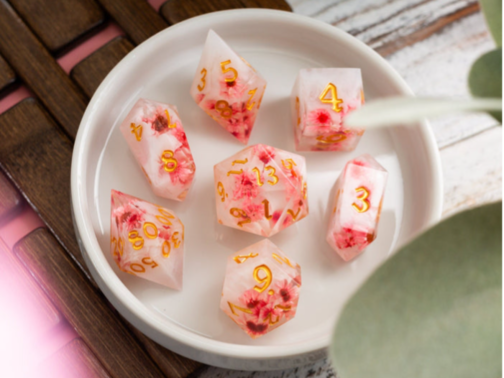 PINK BLOSSOM HANDMADE RESIN DND DICE SET MTG TABLETOP GAMING