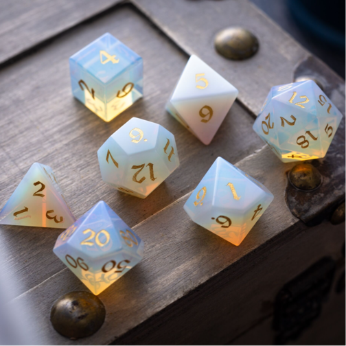 GEMSTONE OPALITE (GOLD FONT) HAND CARVED POLYHEDRAL DICE (AND BOX) DND DICE SET