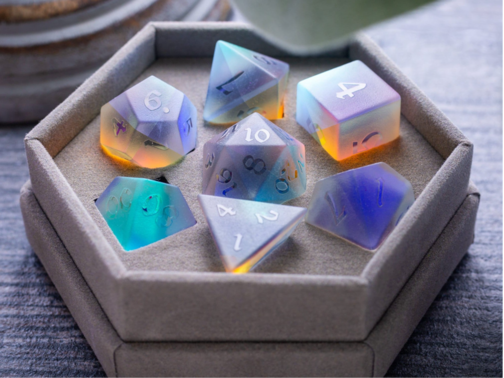 GEMSTONE RAISED DICHROIC GLASS POLYHEDRAL DICE (WITH BOX) DND DICE SET