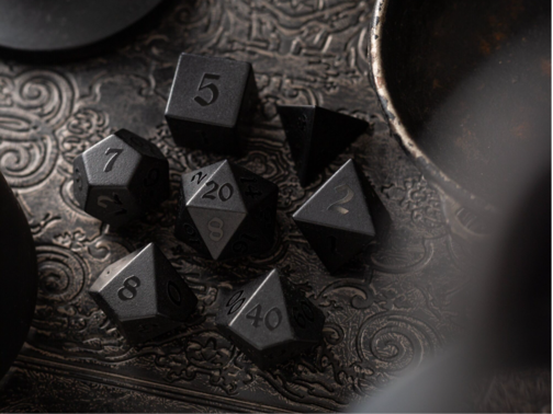 GEMSTONE BLACK NIGHT RAISED OBSIDIAN HAND CARVED POLYHEDRAL DICE (AND BOX) DND SET