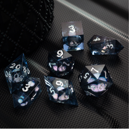 BLACK AND SILVER GLITTER LIQUID CORE HANDMADE RESIN DND DICE SET