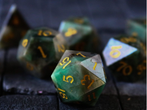 GREEN GEMSTONE EMERALD POLYHEDRAL DICE (WITH BOX) DND SET