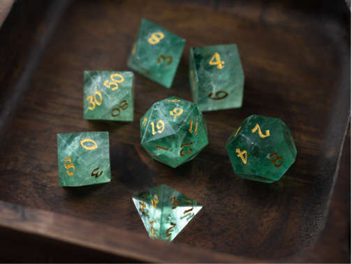 Green Fluorite Gemstone Dice (Chlorophane)  Hand Carved Polyhedral Dice (With Box) DND Set - Full Set With Box