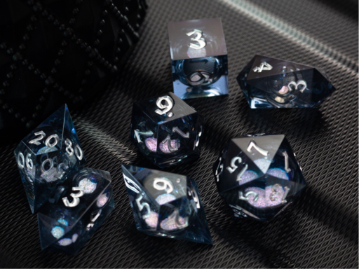 Black and Silver Glitter Liquid Core Handmade Resin DND Dice Set