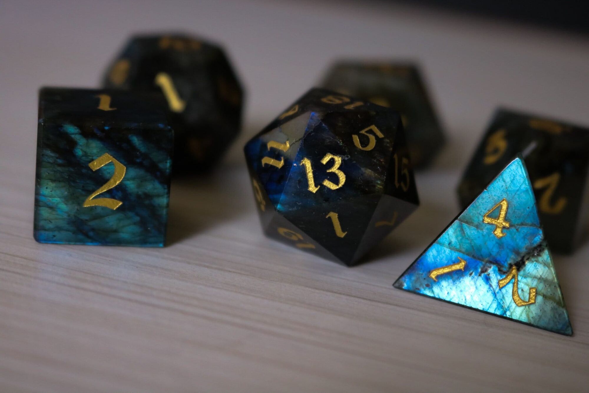 Labradorite Gemstone Dice (And Box) Polyhedral Dice DND Set