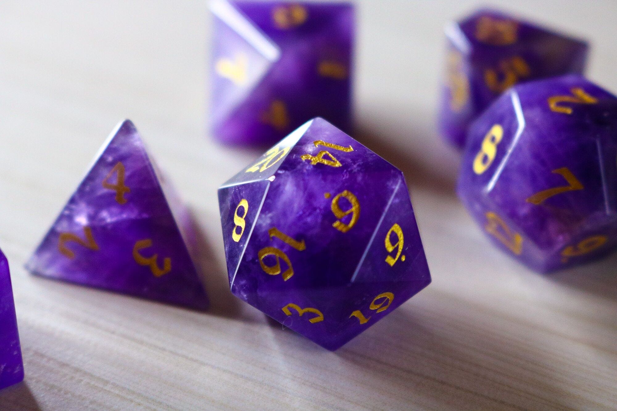 Gemstone Amethyst Dice (With Box) Hand Carved Polyhedral Dice DND Set - Gift For Dnd, RPG Game