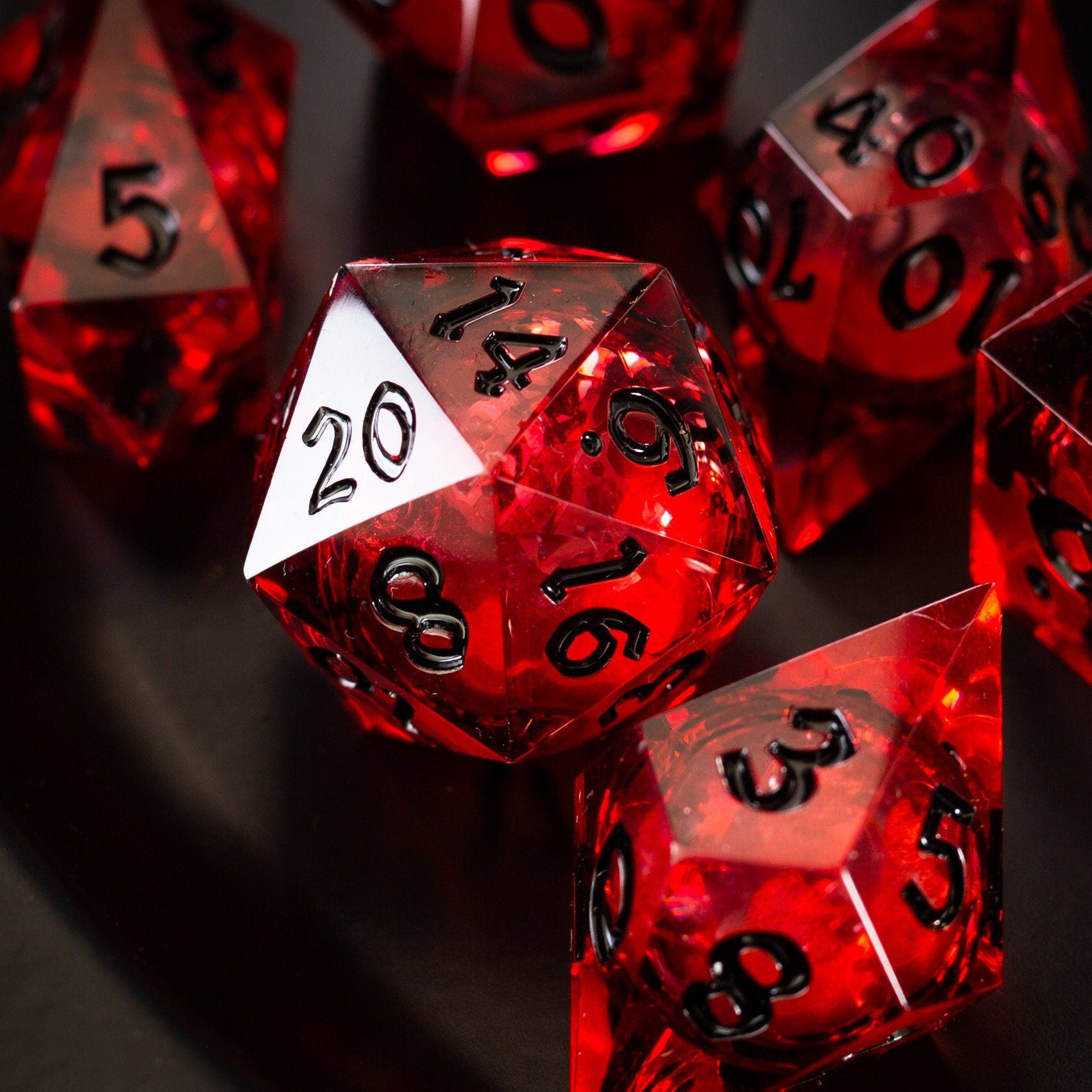 Blood Red Glitter Liquid Core Handmade Resin (And Box) DND Dice Set - Full Set And Box