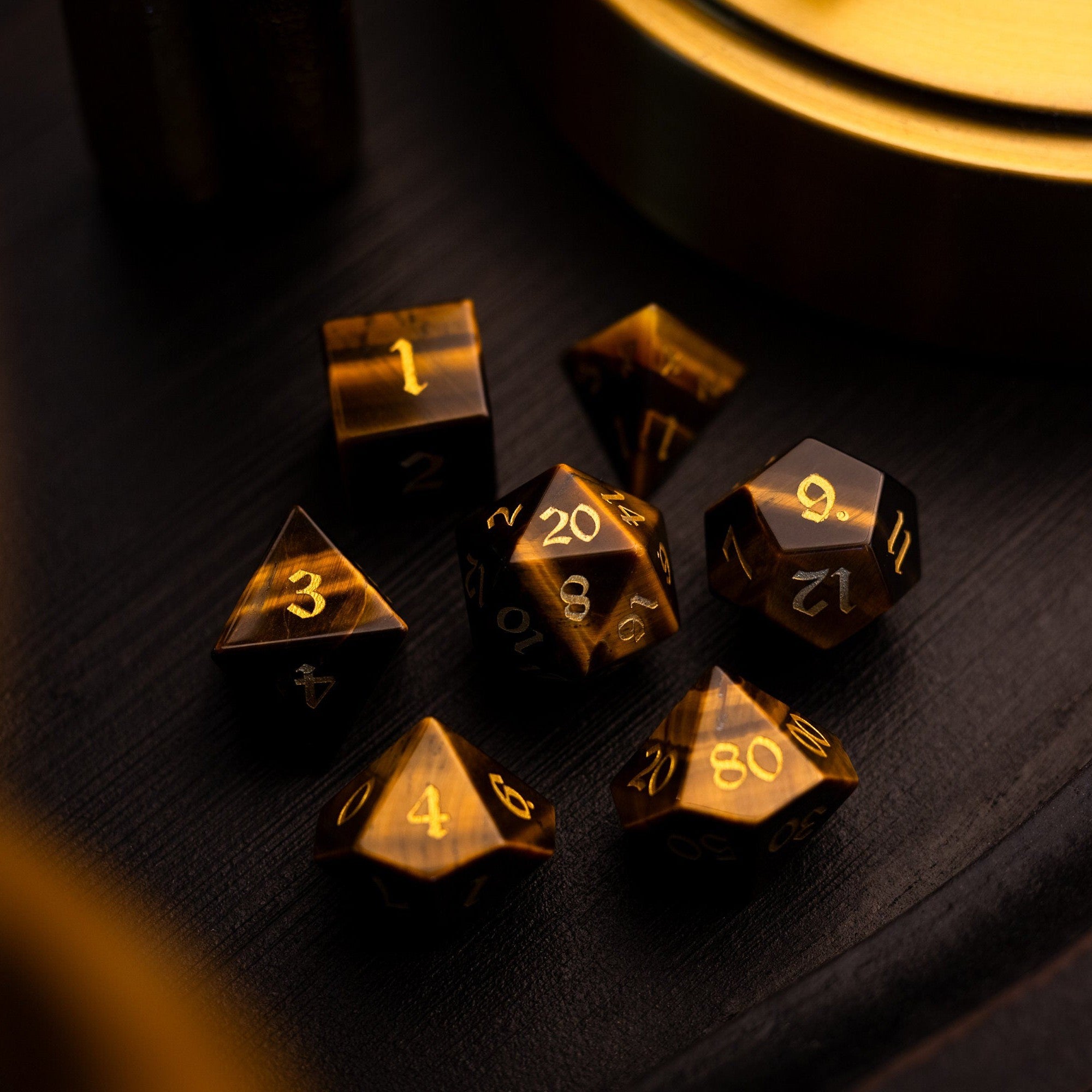 Yellow Tigers Eye Hand Carved Stone Set DND Dice Set