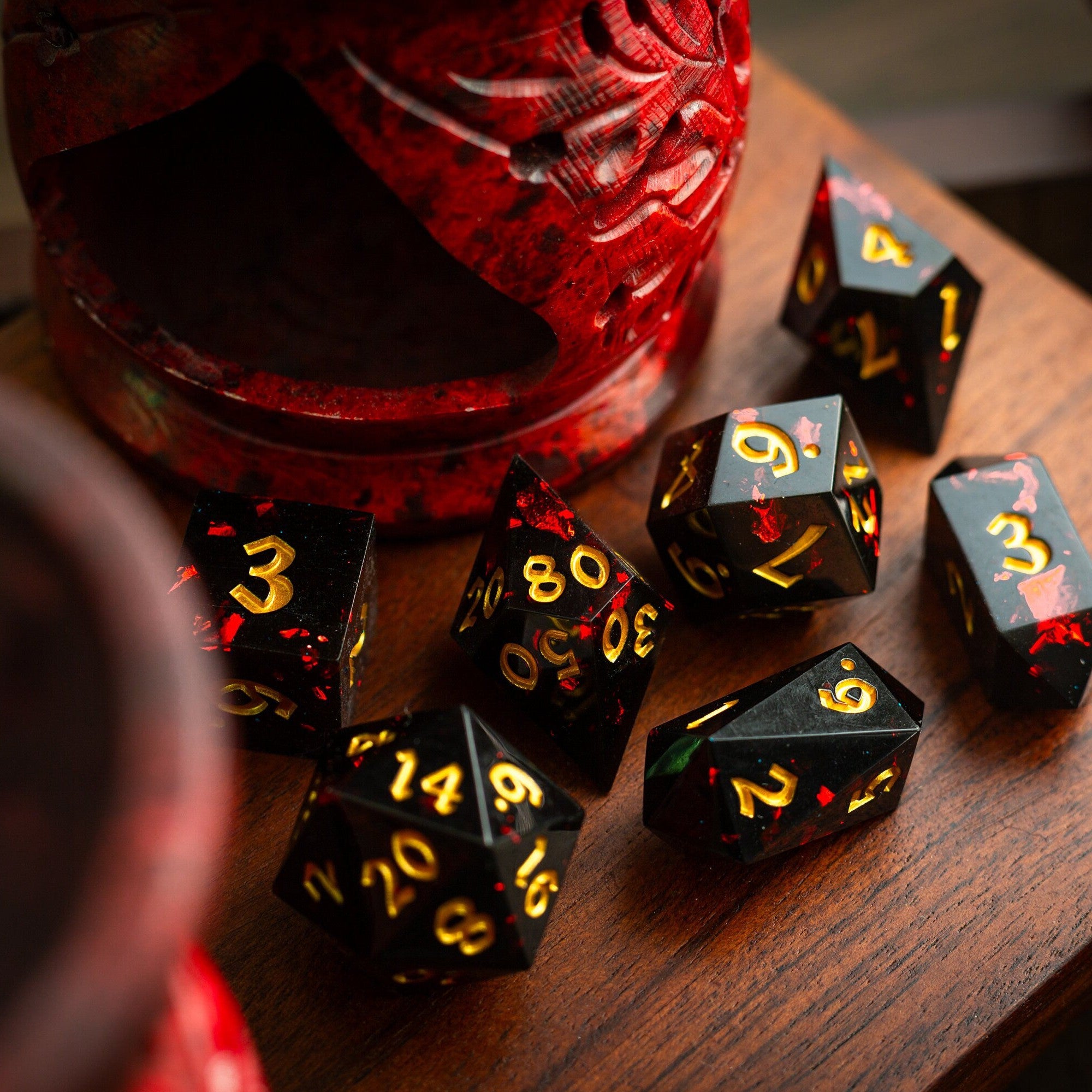 Night Blood Handmade Resin (And Box) DND Dice Set - Full Set And Box