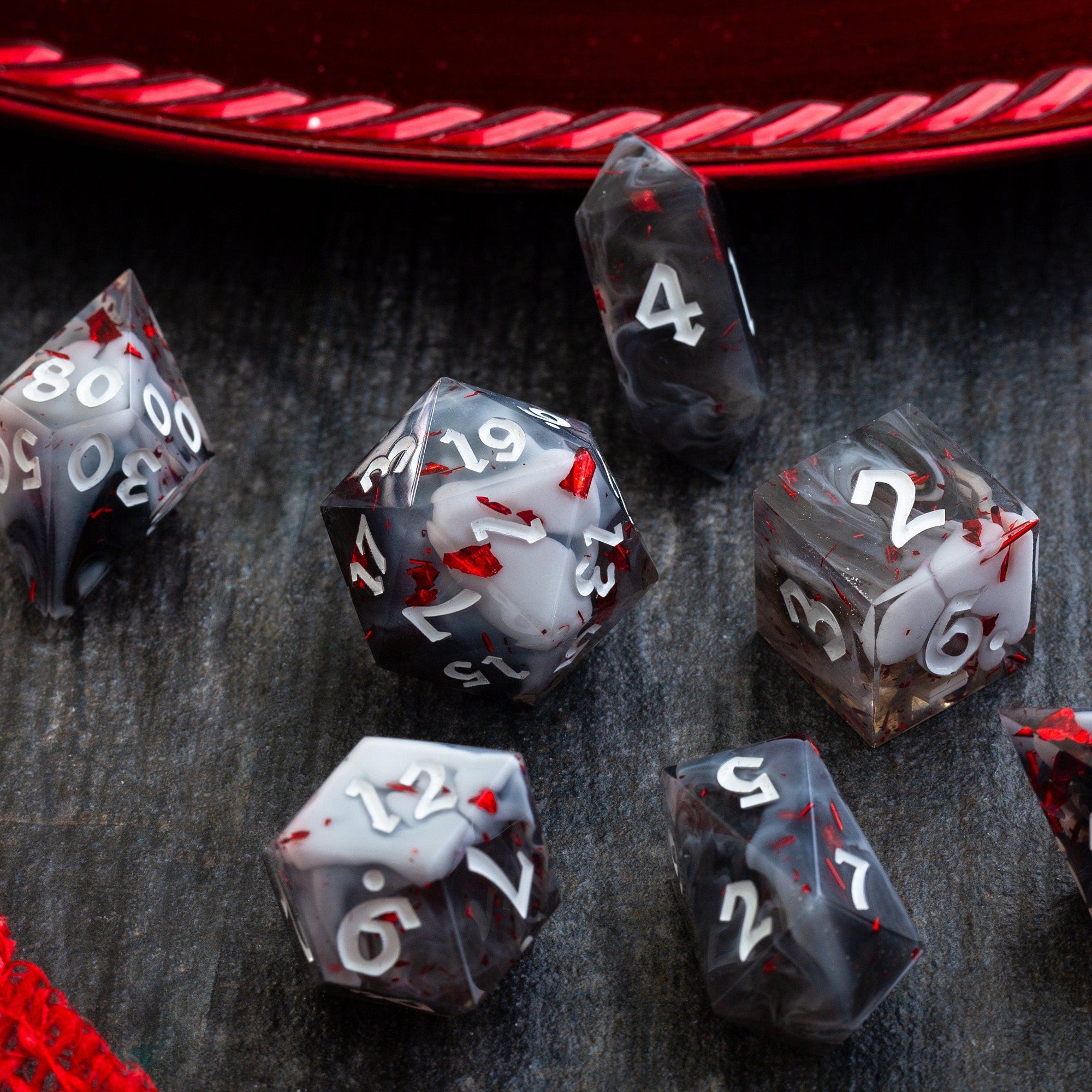 Smoke And Blood Handmade Resin (And Box) DND Dice Set - Full Set And Box