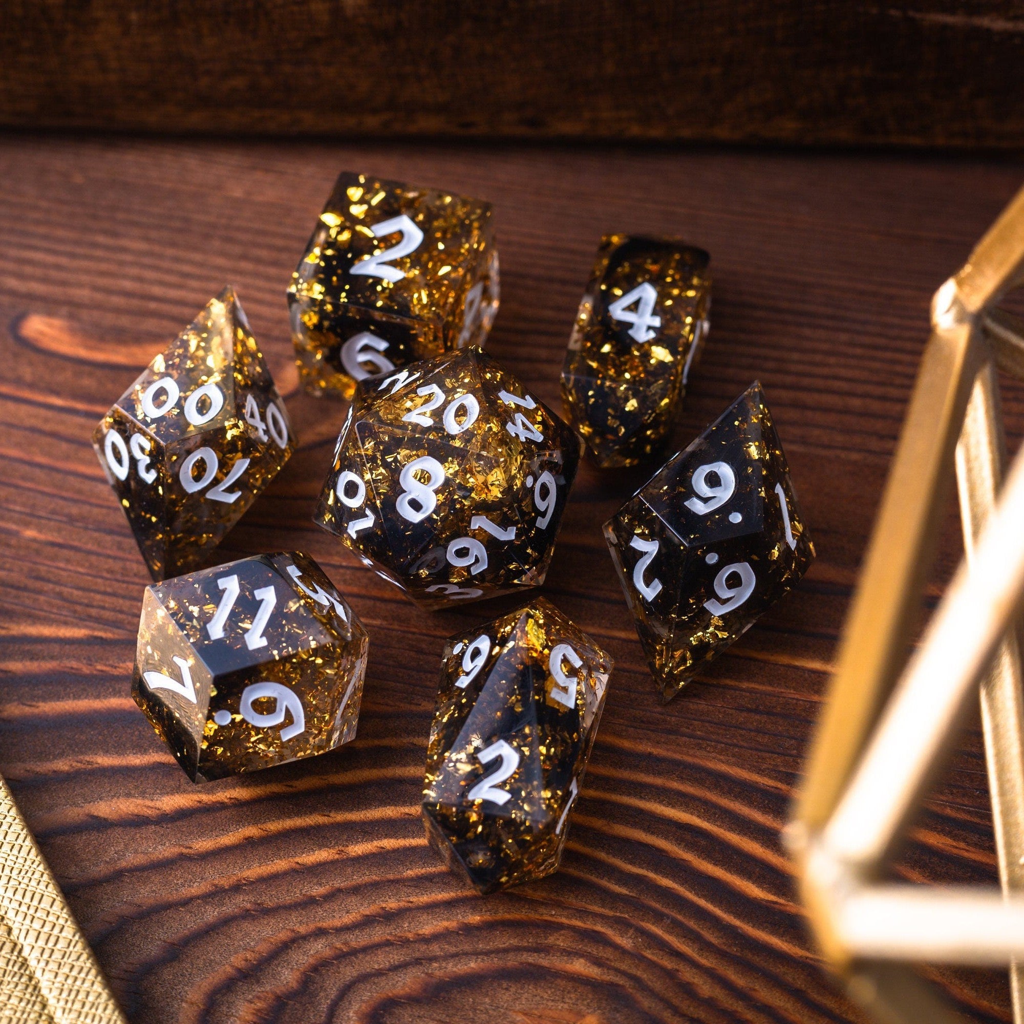 Gold Handmade Resin DND Dice Set - Full Set And Free Dice Box