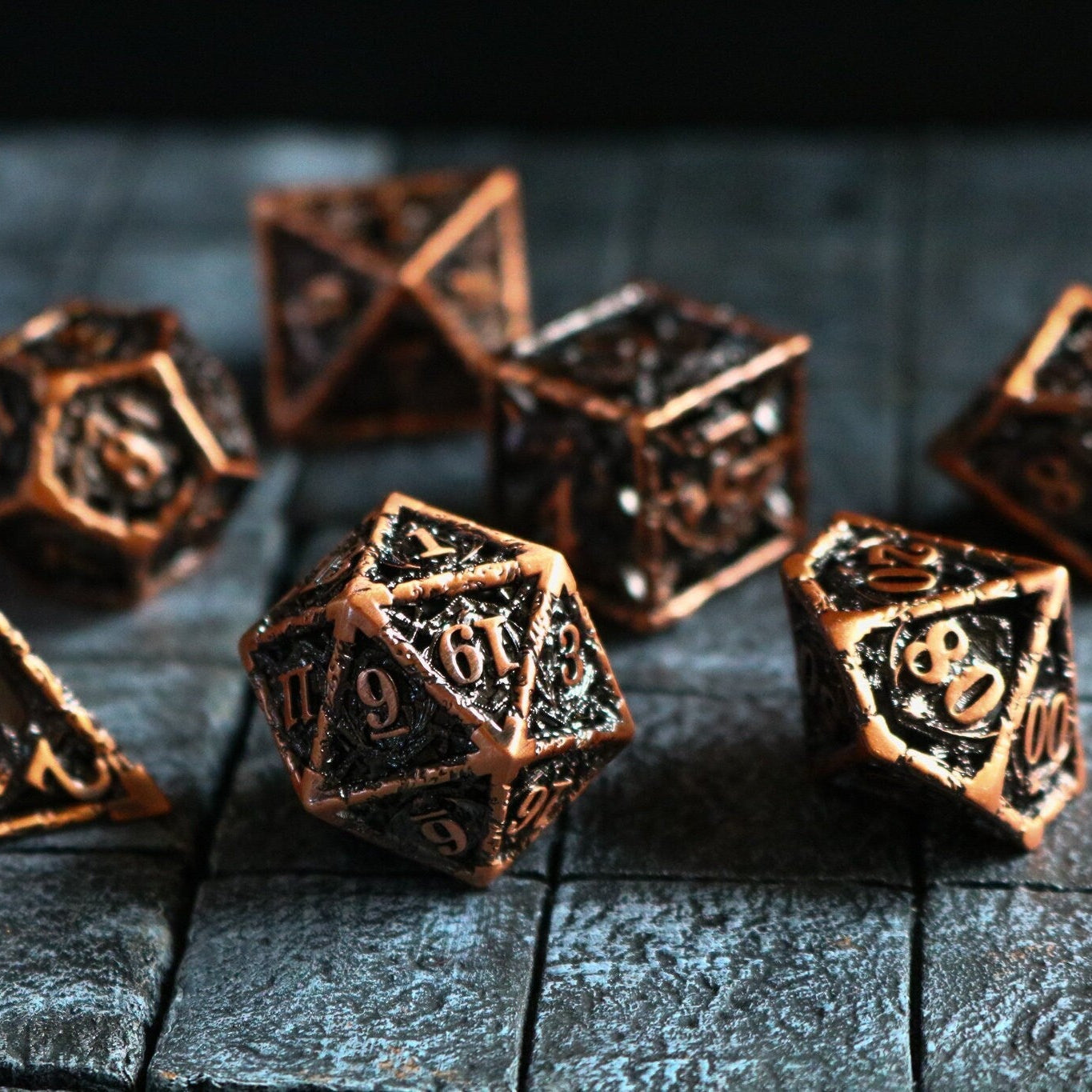 Shield And Sword Copper Hollow Metal (And Box) DND Dice Set - Full Set