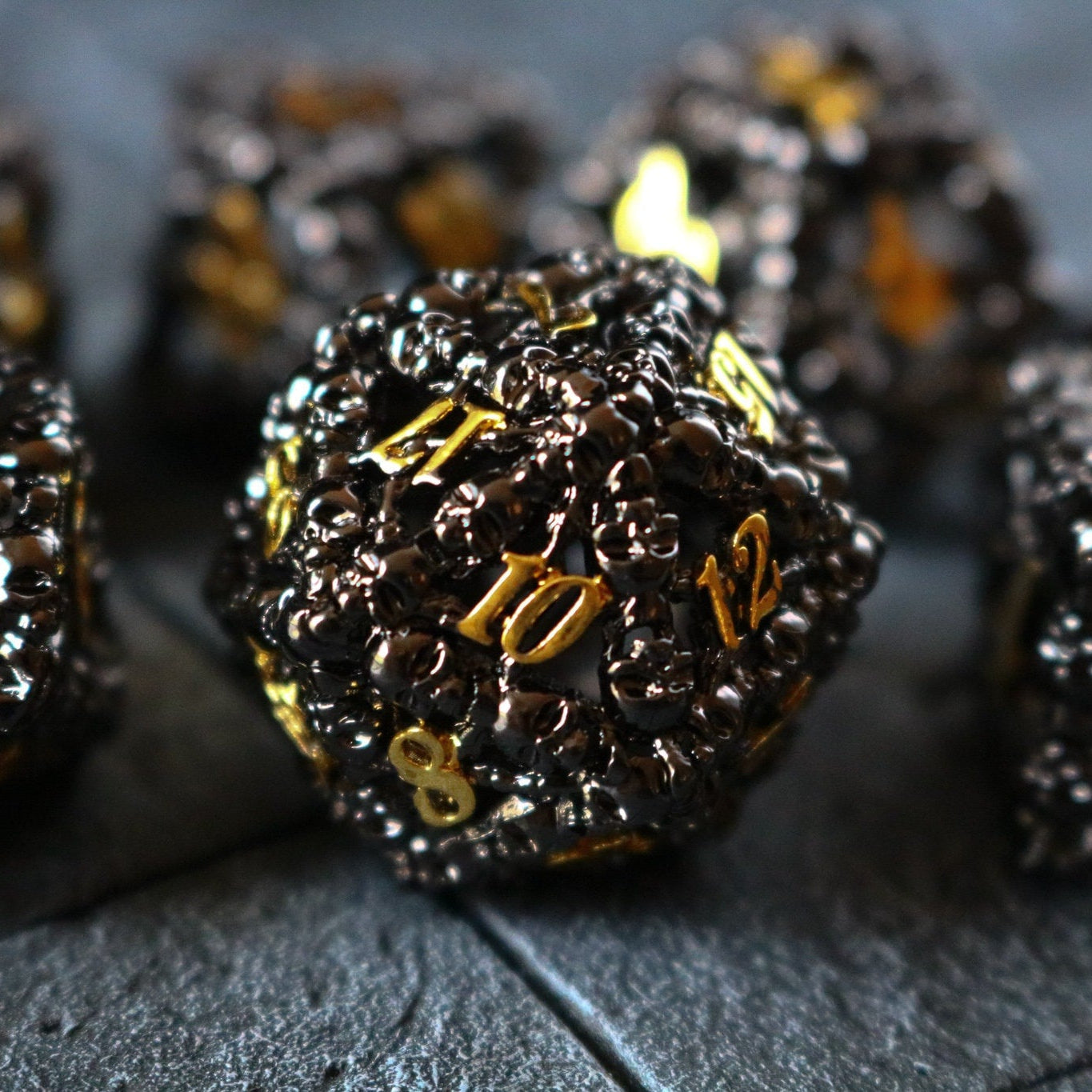 Skulls Hollow Black/Gold Metal (And Box) DND Dice Set - Full Set