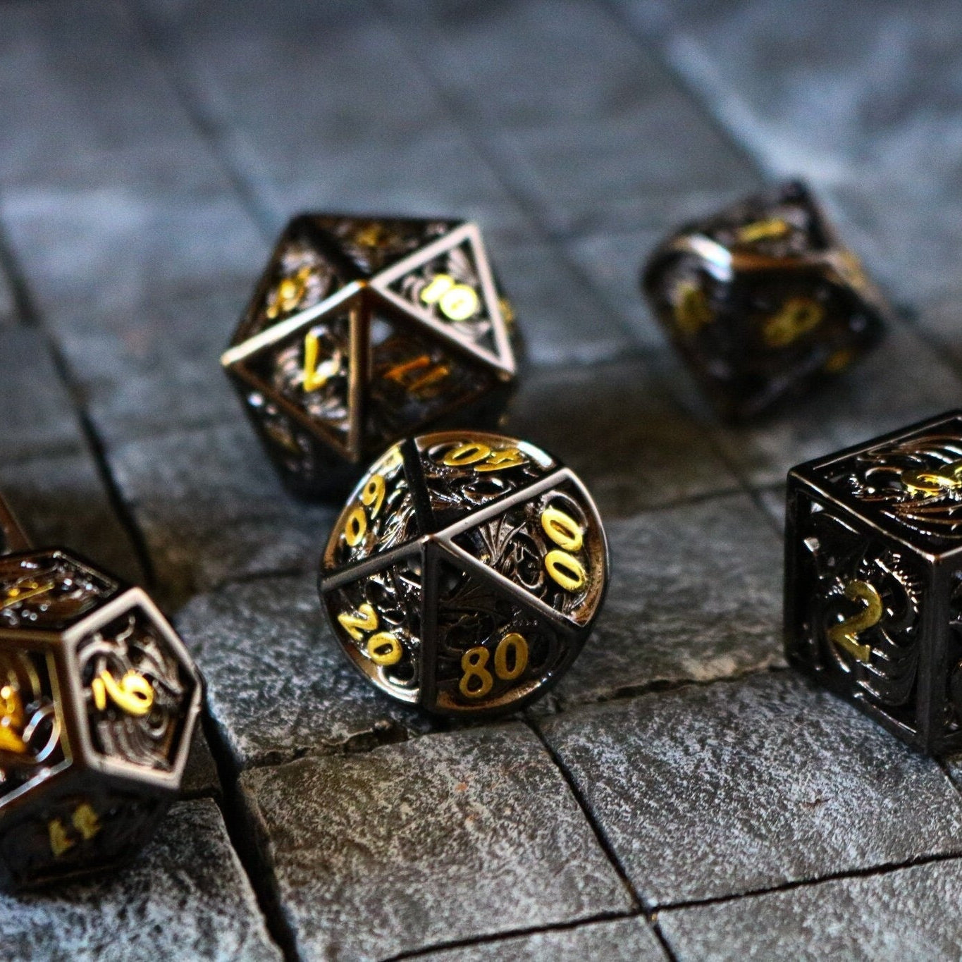 Dragon Flight Black/Gold Hollow Metal (And Box) DND Dice Set - Full Set