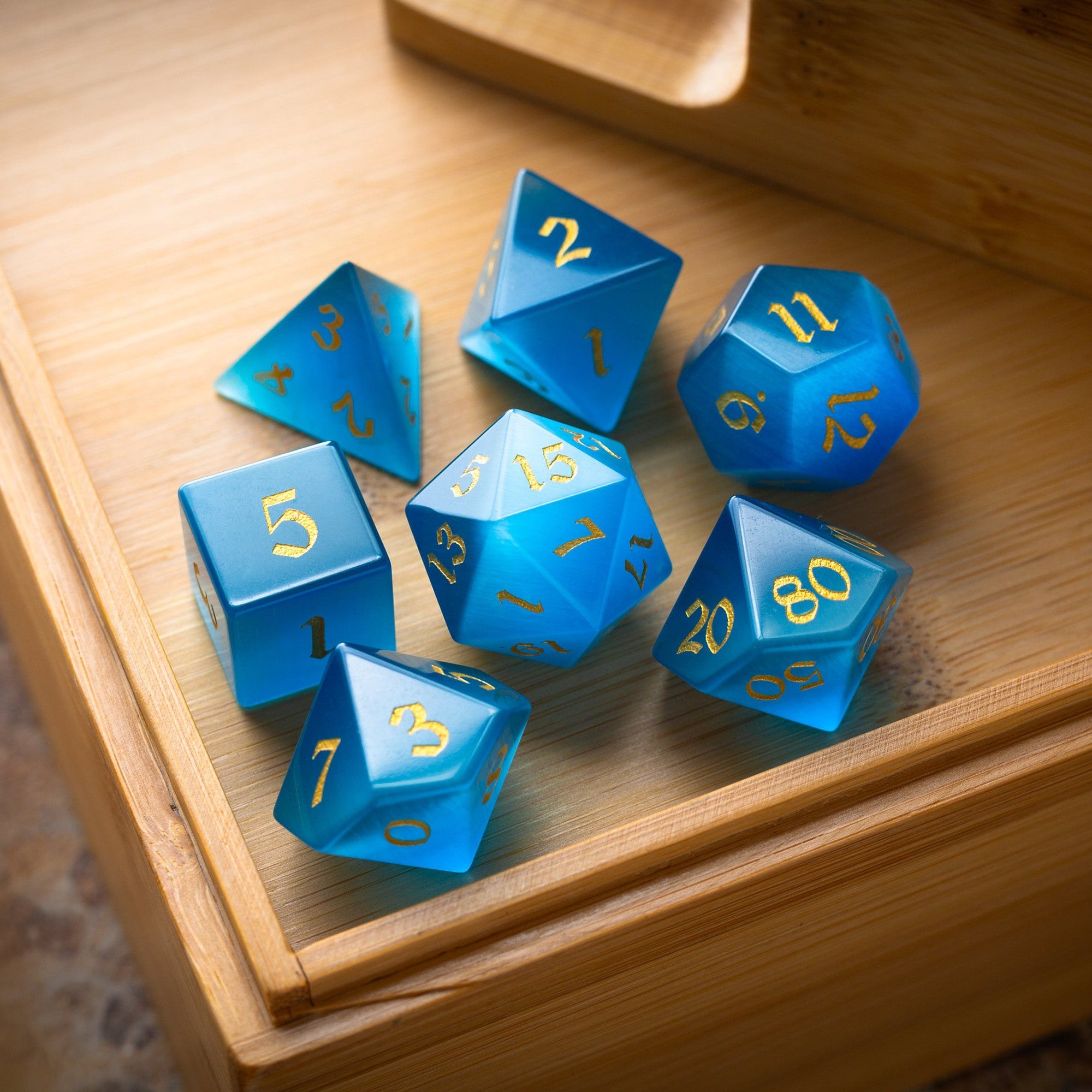 Gemstone Light Blue Cats Eye Stone Hand Carved DND Dice Set - Full Set And Free Dice Box