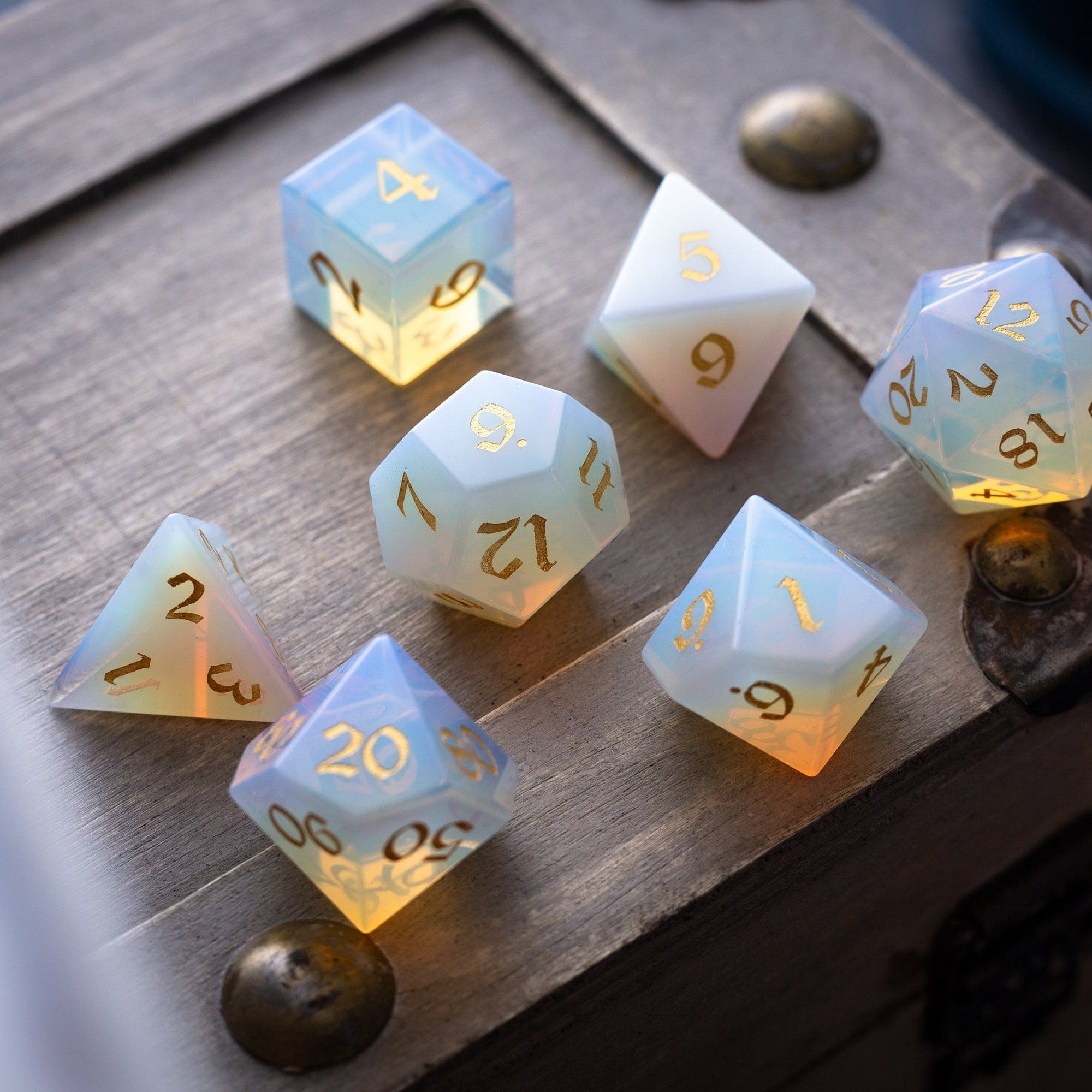 Gemstone Opalite (Gold Font) Hand Carved DND Dice Set - Full Set And Free Dice Box