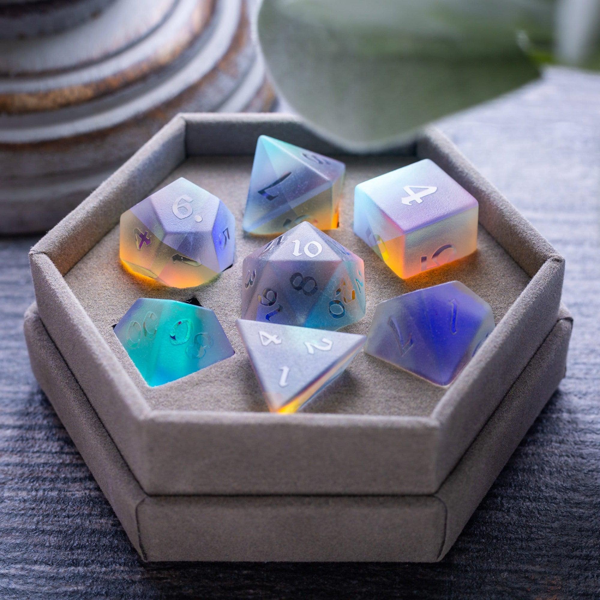 Gemstone Raised Dichroic Glass DND Dice Set - Full Set And Free Dice Box