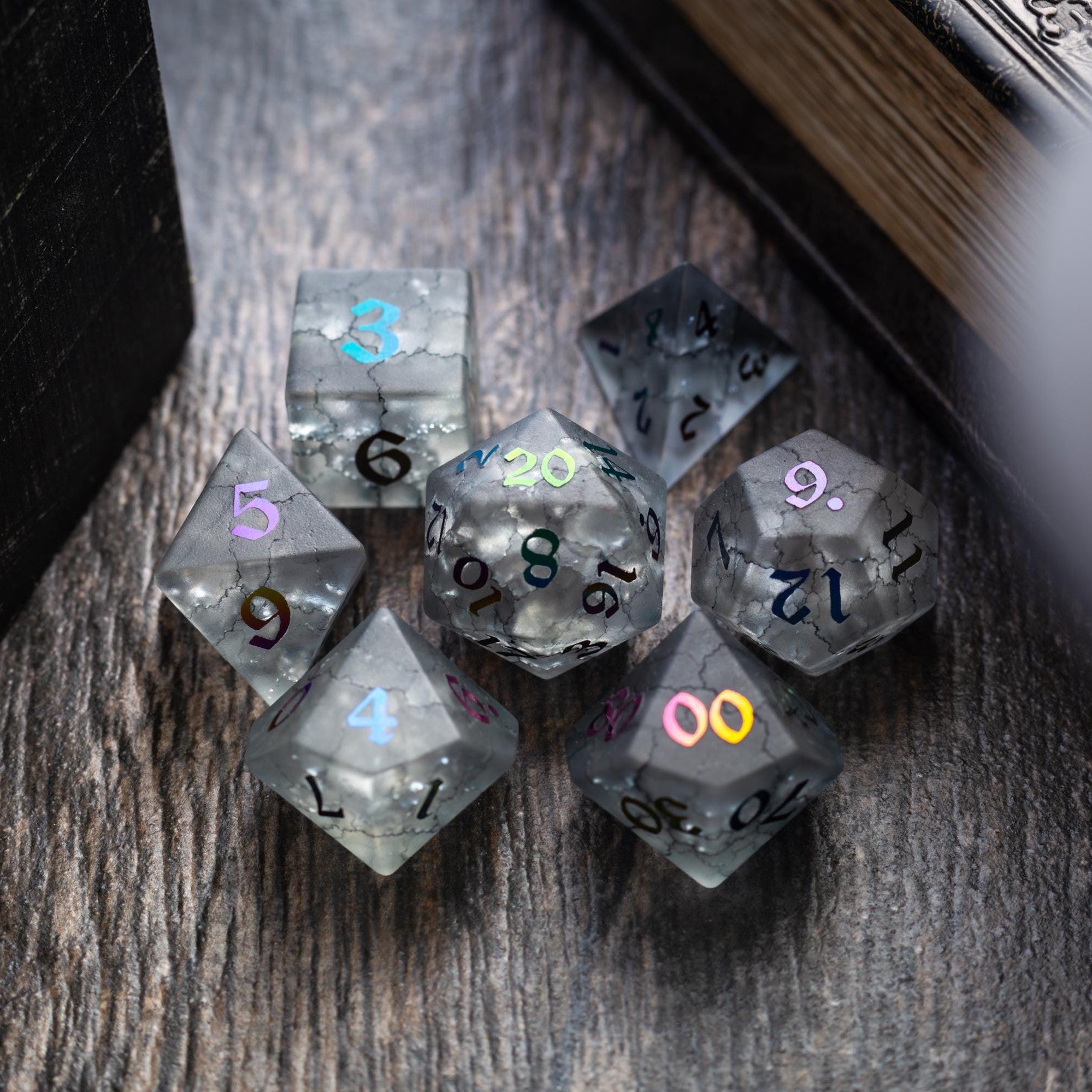 Black Inked Lightning Cracked Glass DND Dice Set - Full Set and Free Dice Box