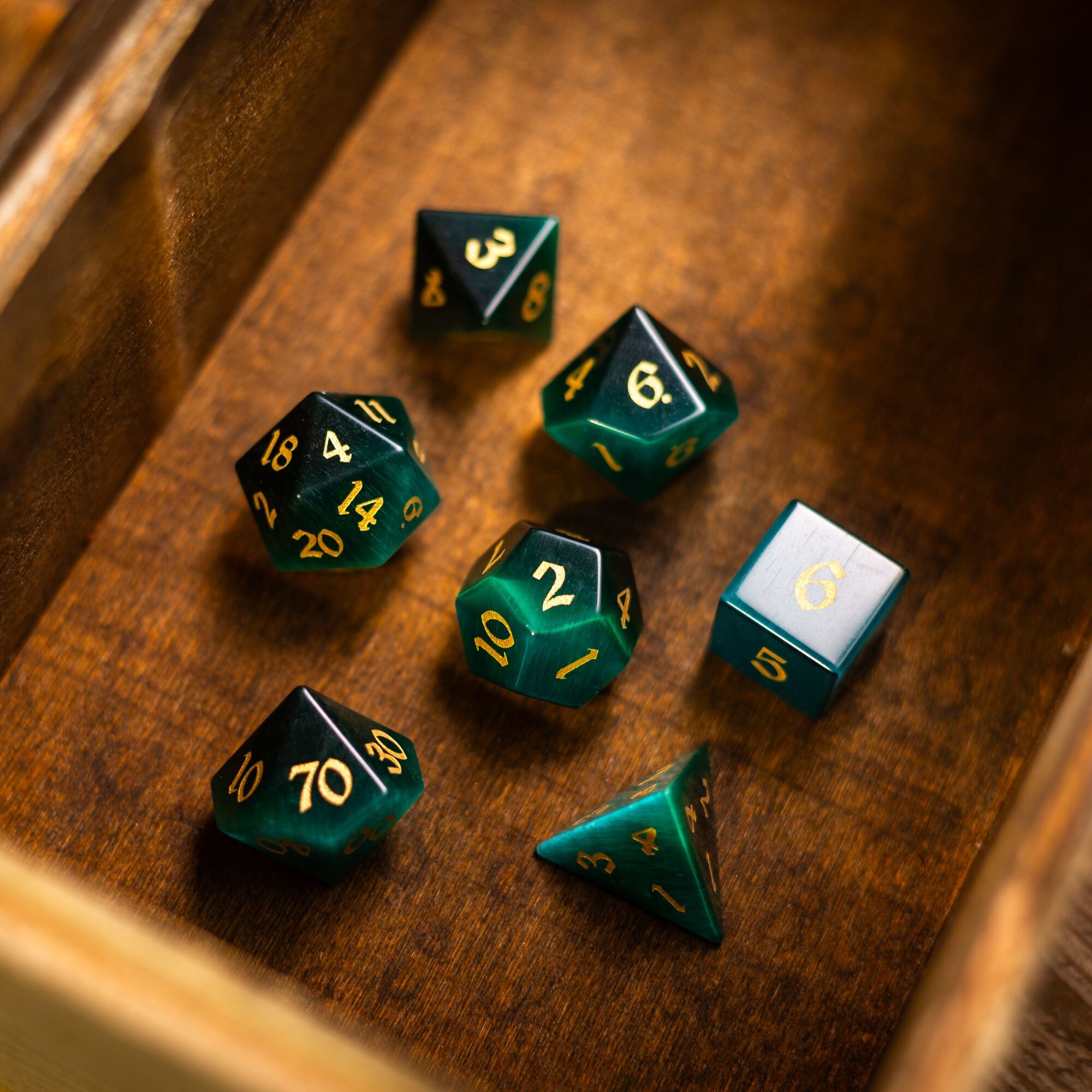 Gemstone Dark Green Cats Eye Stone Hand Carved DND Dice Set - Full Set And Free Dice Box