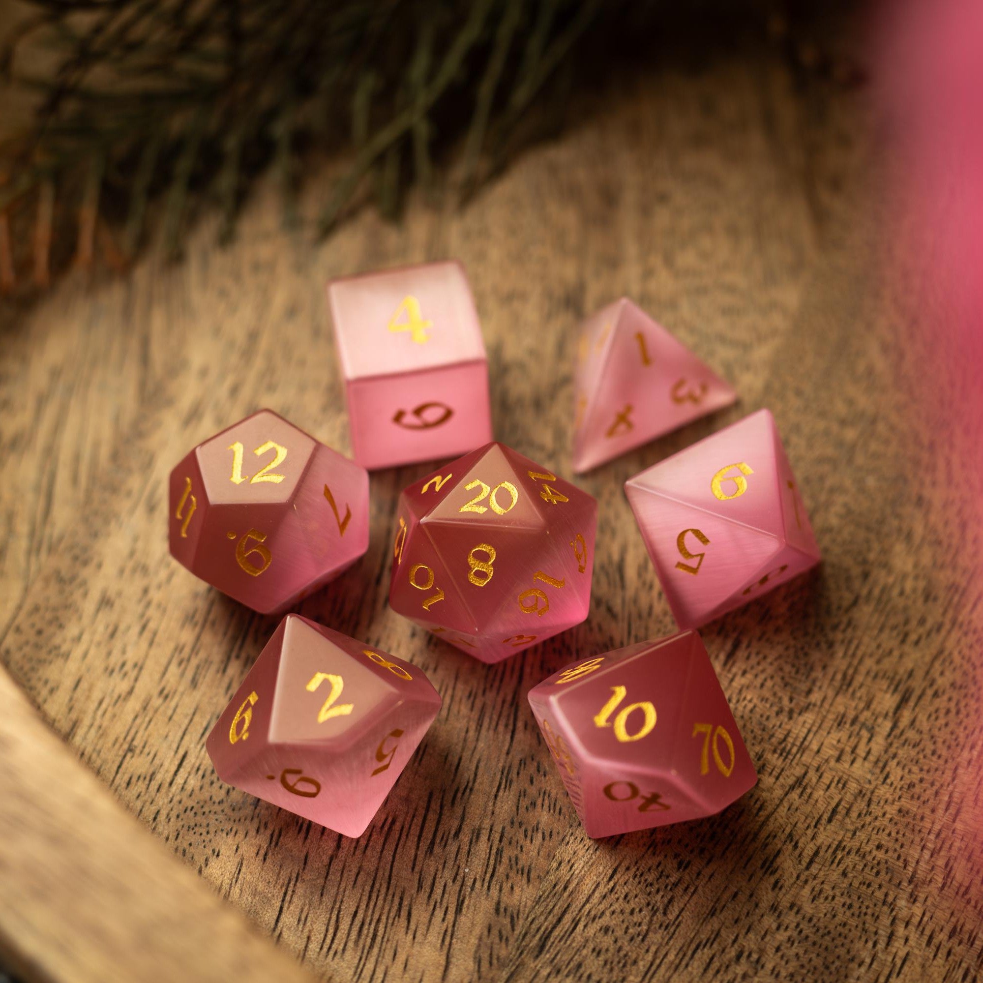 Gemstone Pink Watermelon Cats Eye Stone Hand Carved DND Dice Set - Full Set And Free Dice Box