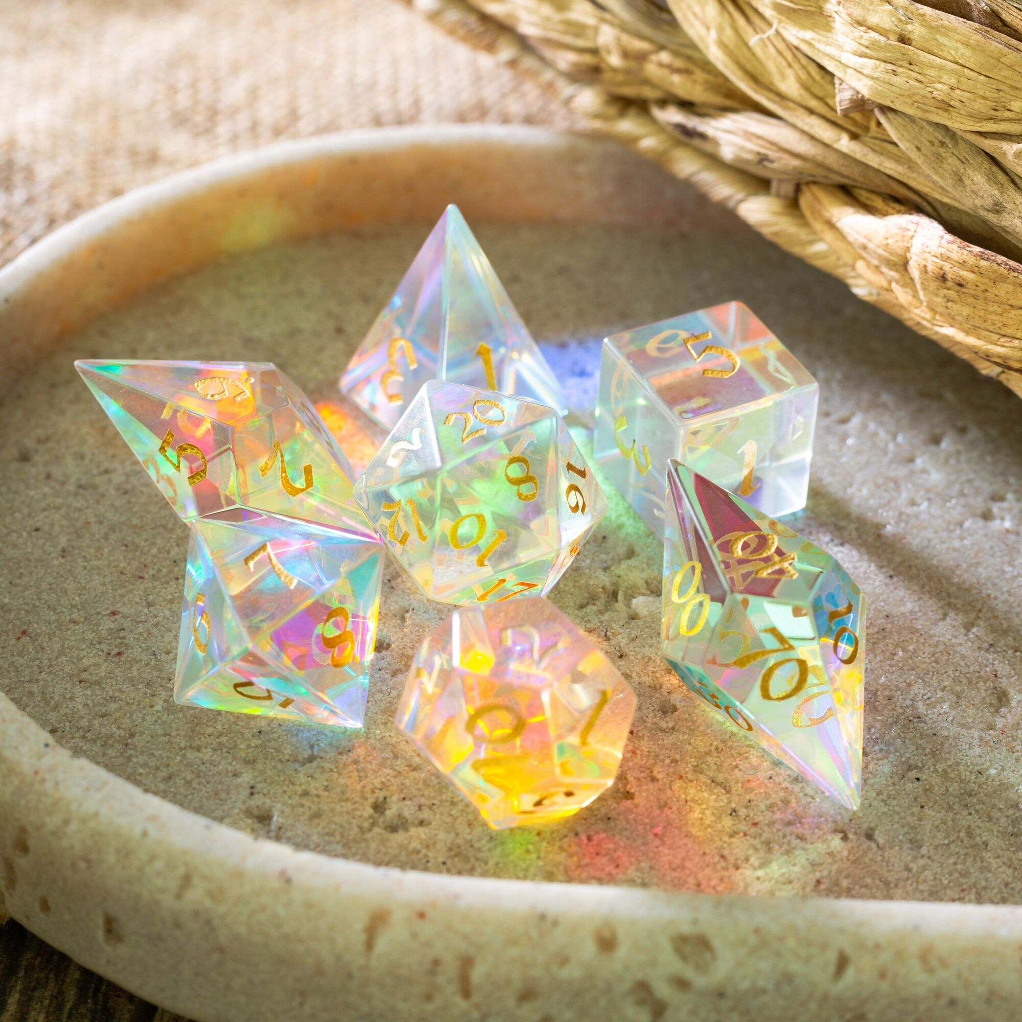 Gemstone Dichroic Glass Elven Cut DND Dice Set - Full Set And Free Dice Box