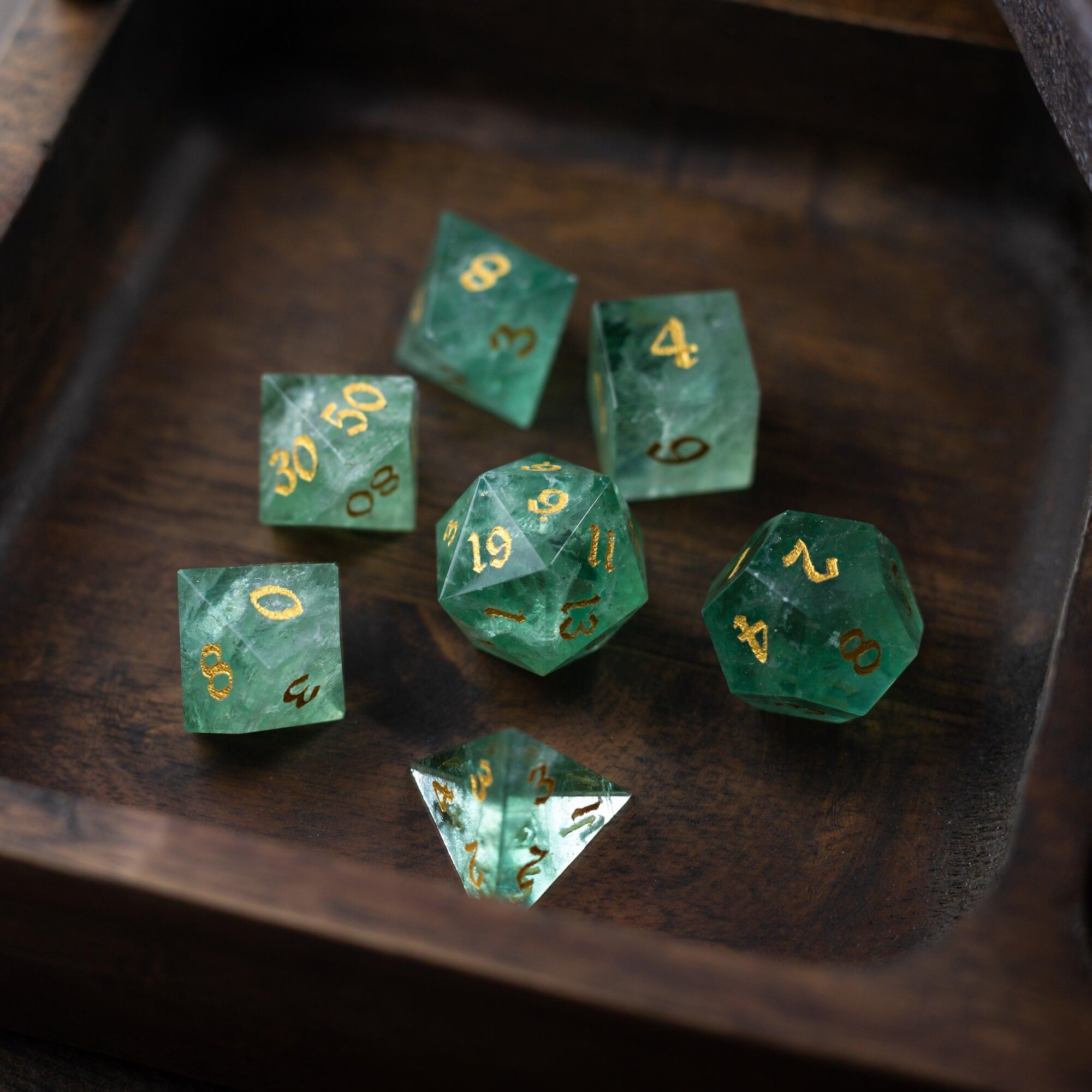 Green Fluorite Gemstone (Chlorophane) Hand Carved DND Dice Set - Full Set And Free Box