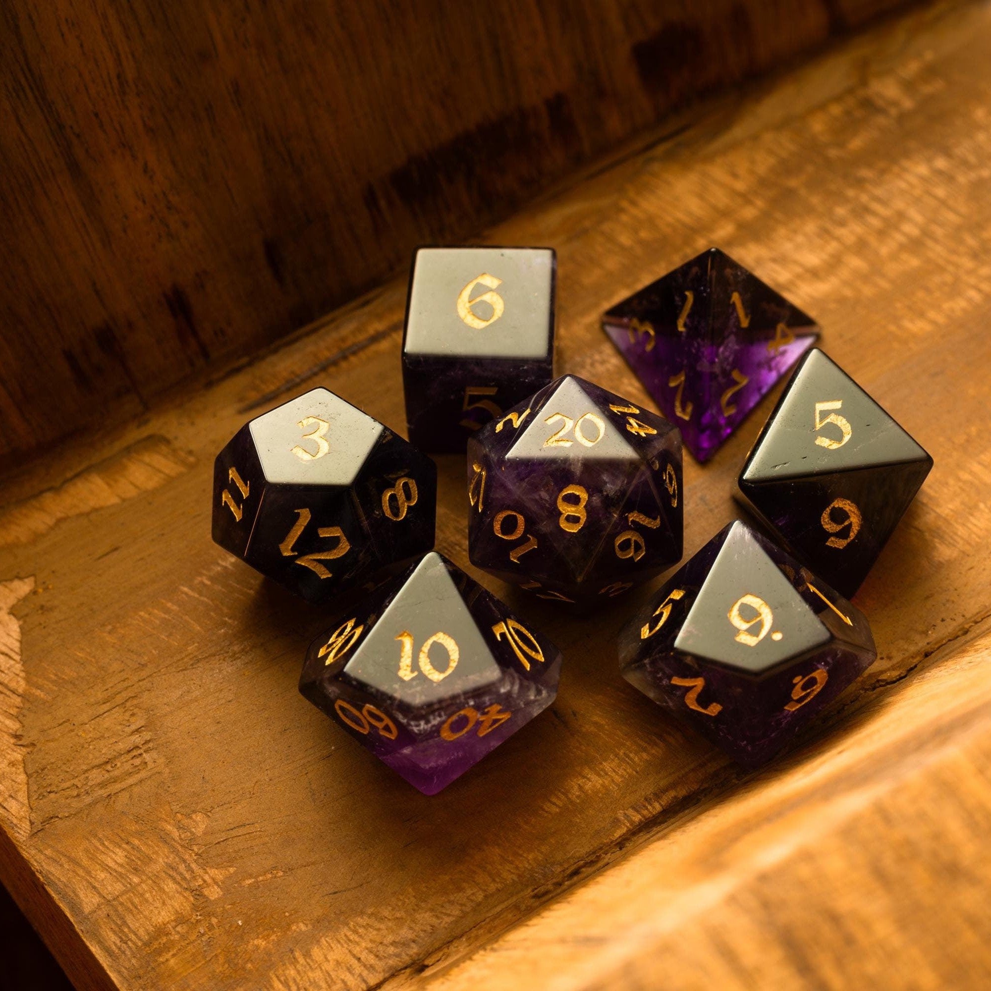 Purple Gemstone Amethyst DND Dice Set - Full Set And Free Dice Box