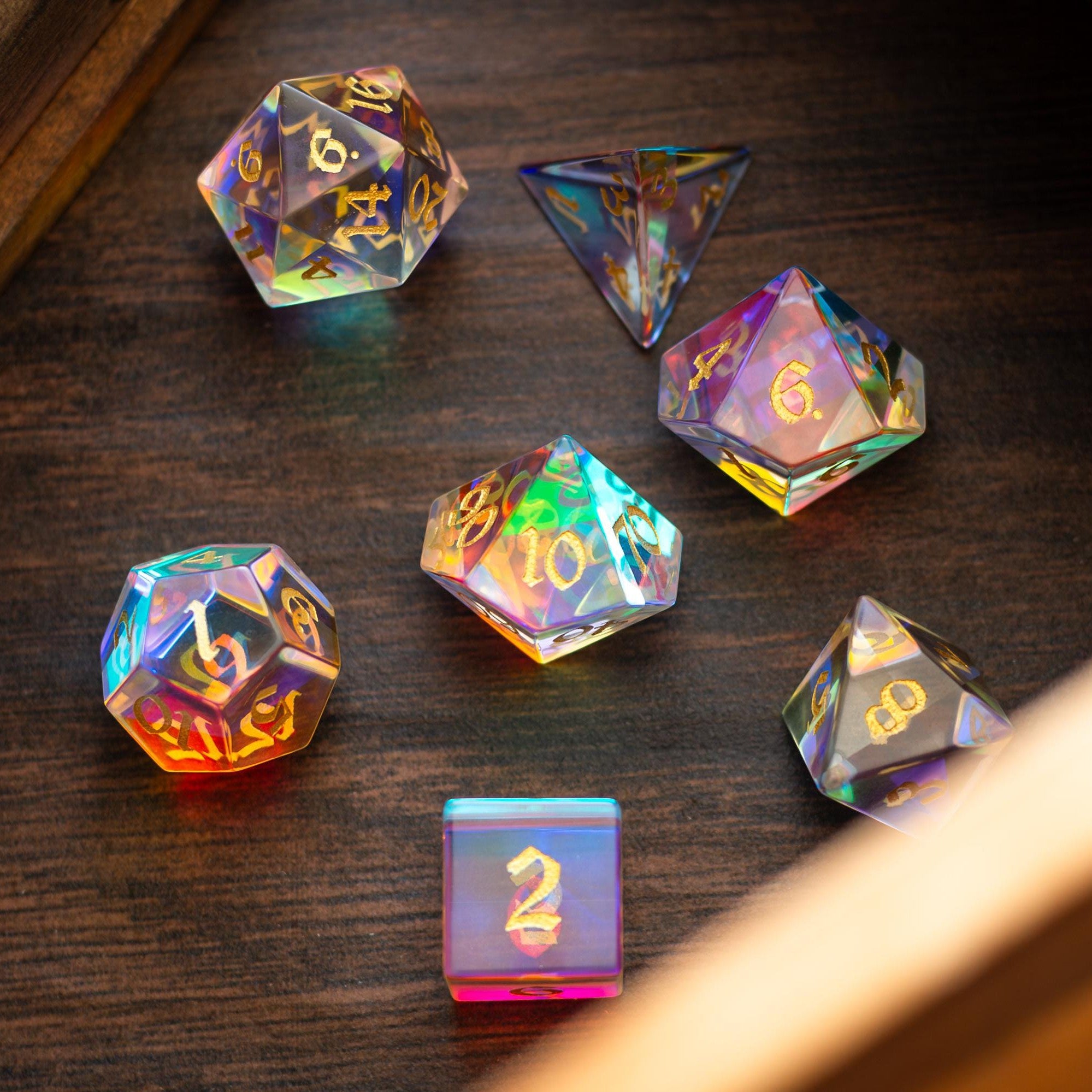 Gemstone Dichroic Glass Hand Carved DND Dice Set - Full Set And Free Dice Box