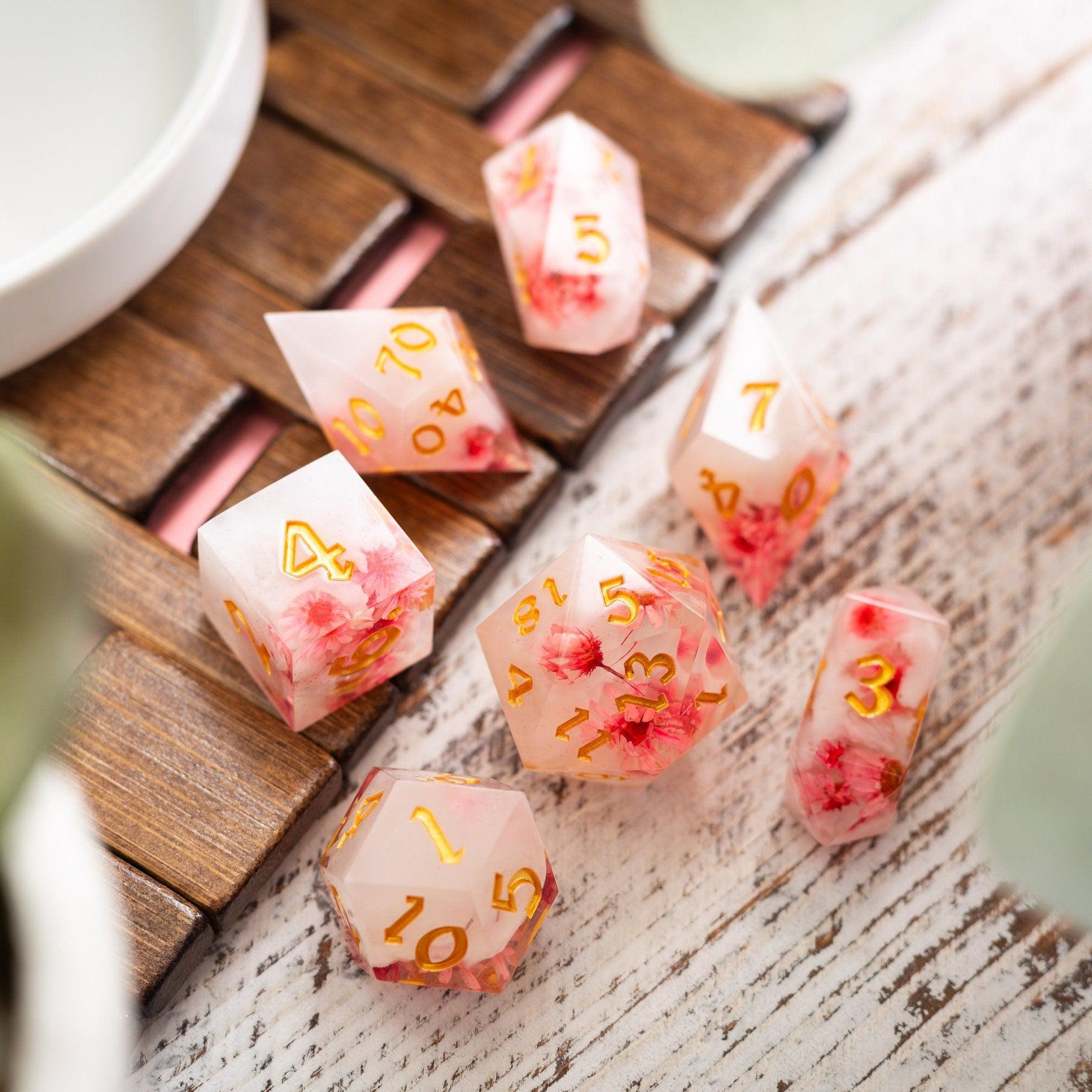 Pink Blossom Handmade Resin DND Dice Set - Full Set And Free Dice Box