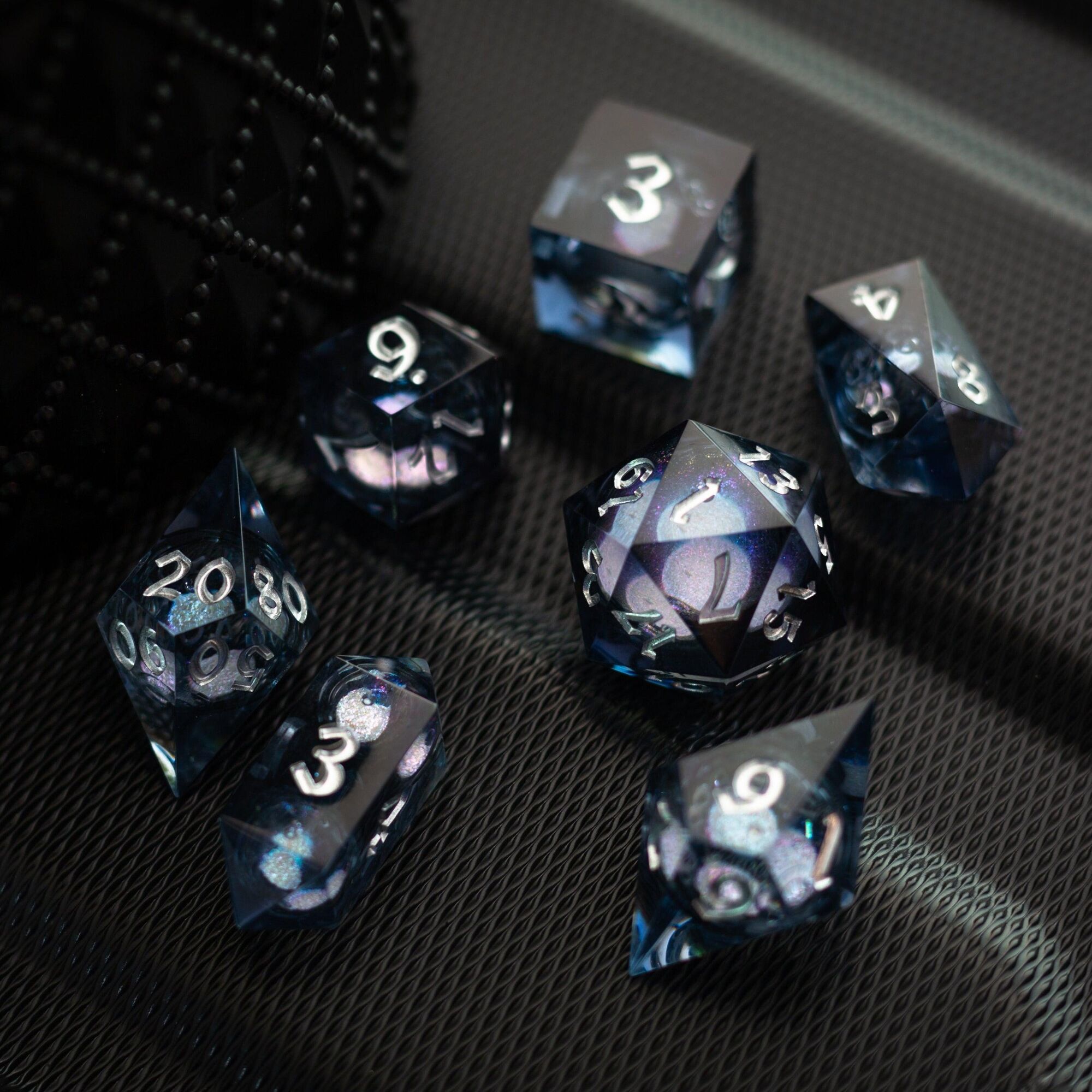 Black And Silver Glitter Liquid Core Handmade Resin DND Dice Set - Full Set And Free Dice Box