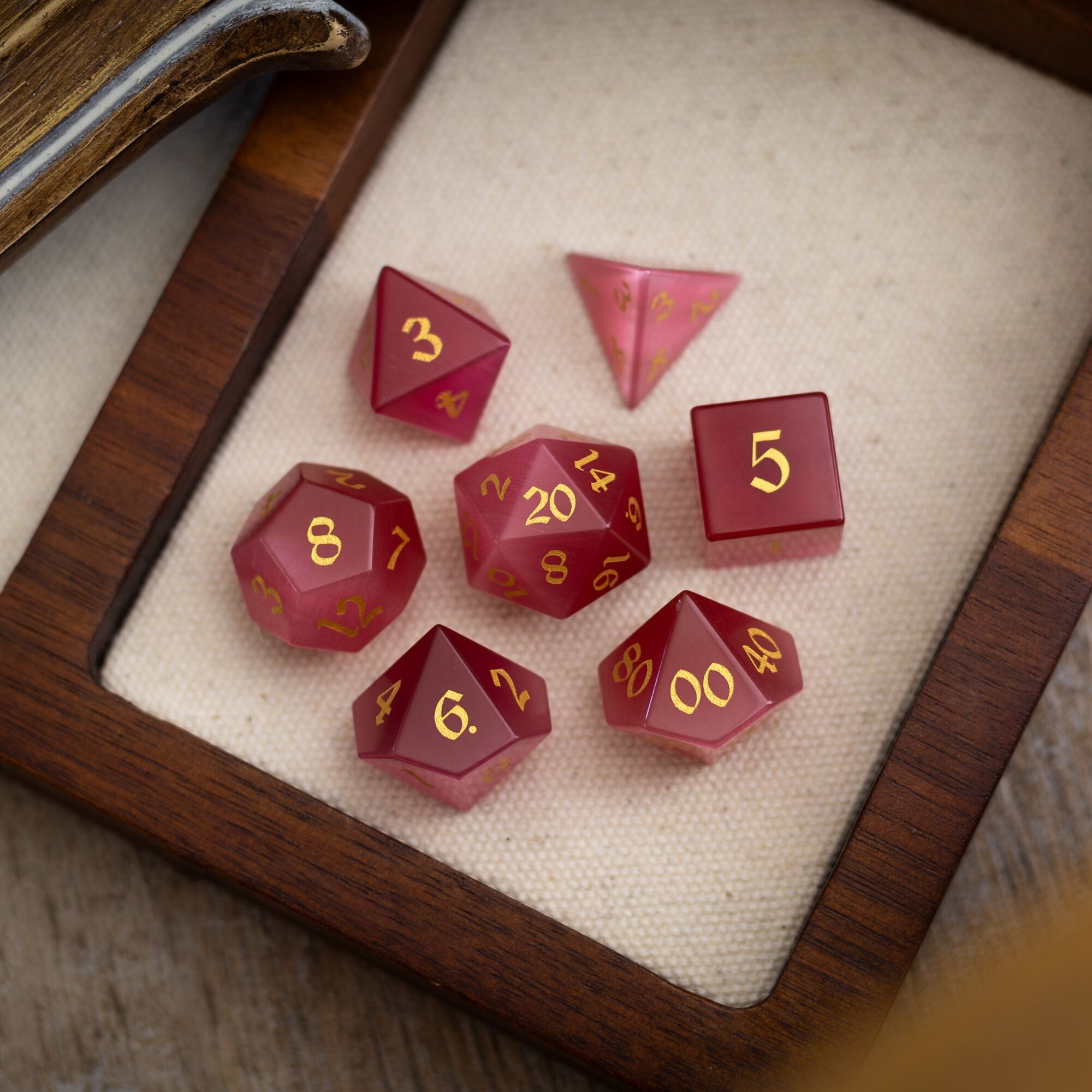 Gemstone Rose Red Cats Eye Stone Hand Carved DND Dice Set - Full Set And Free Dice Box