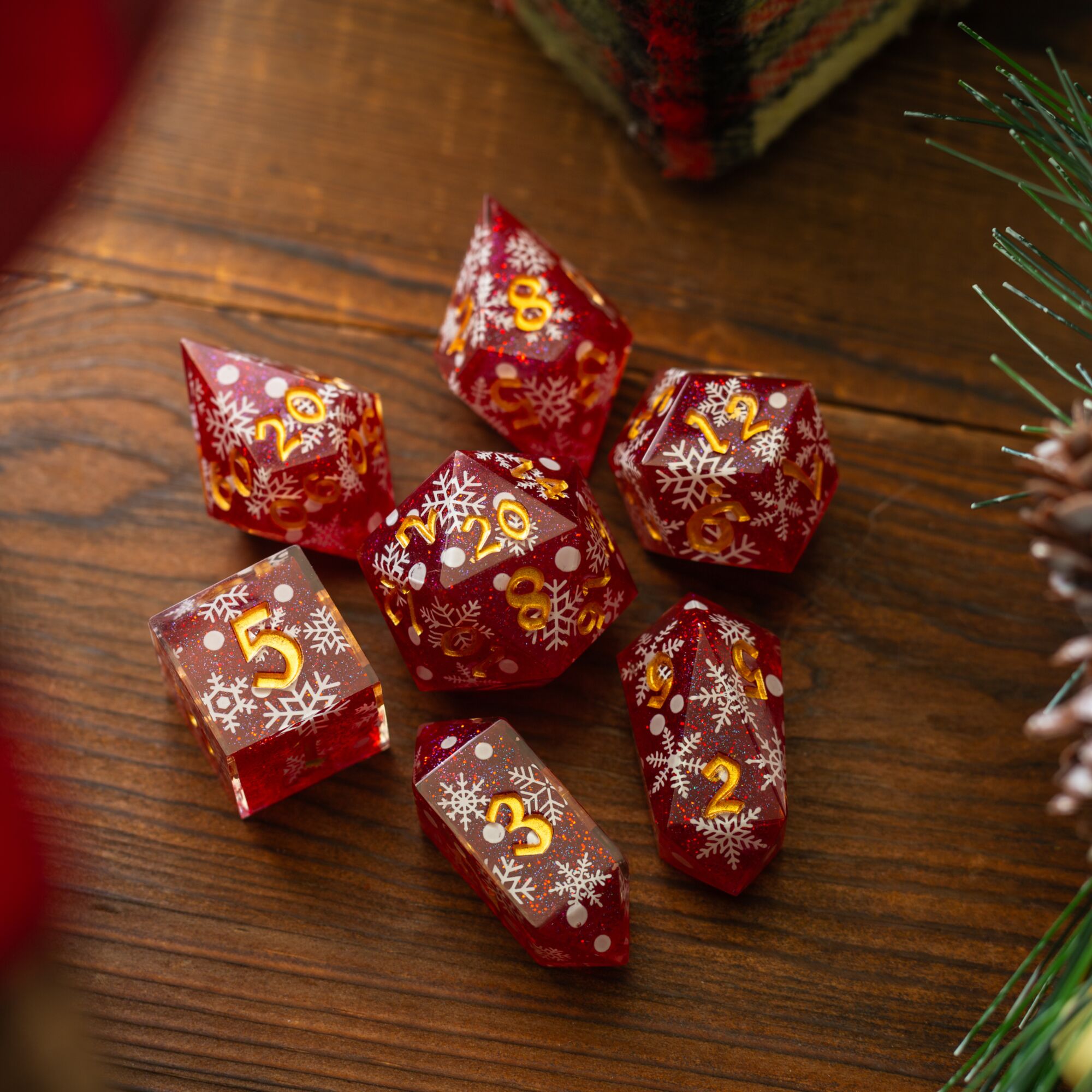 Christmas Red Snowflake Handmade Resin DND Dice Set