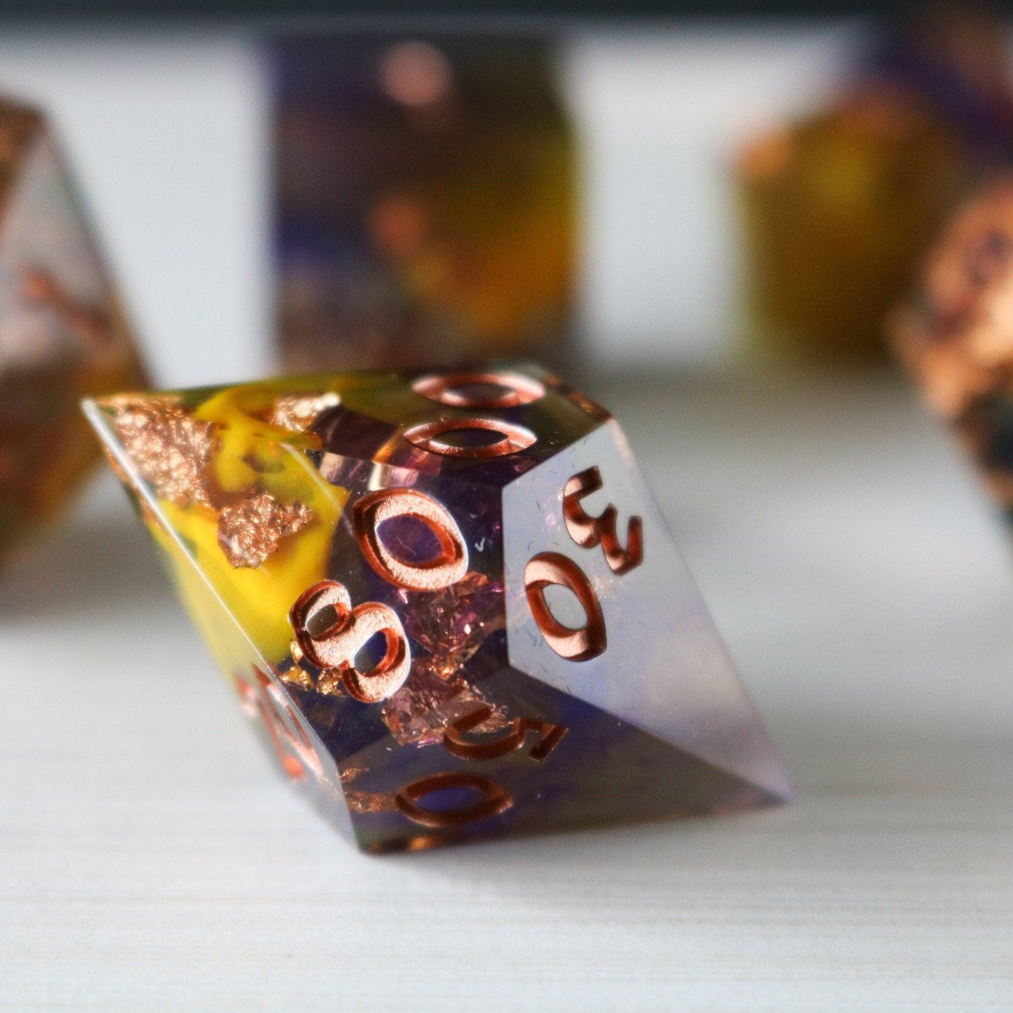 Purple And Gold Handmade Resin DND Dice Set - Full Set And Free Dice Box