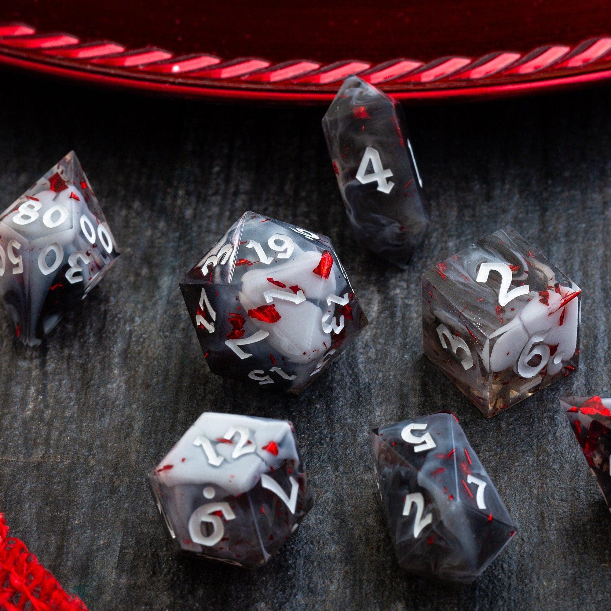 Smoke And Blood Handmade Resin DND Dice Set - Full Set And Free Dice Box