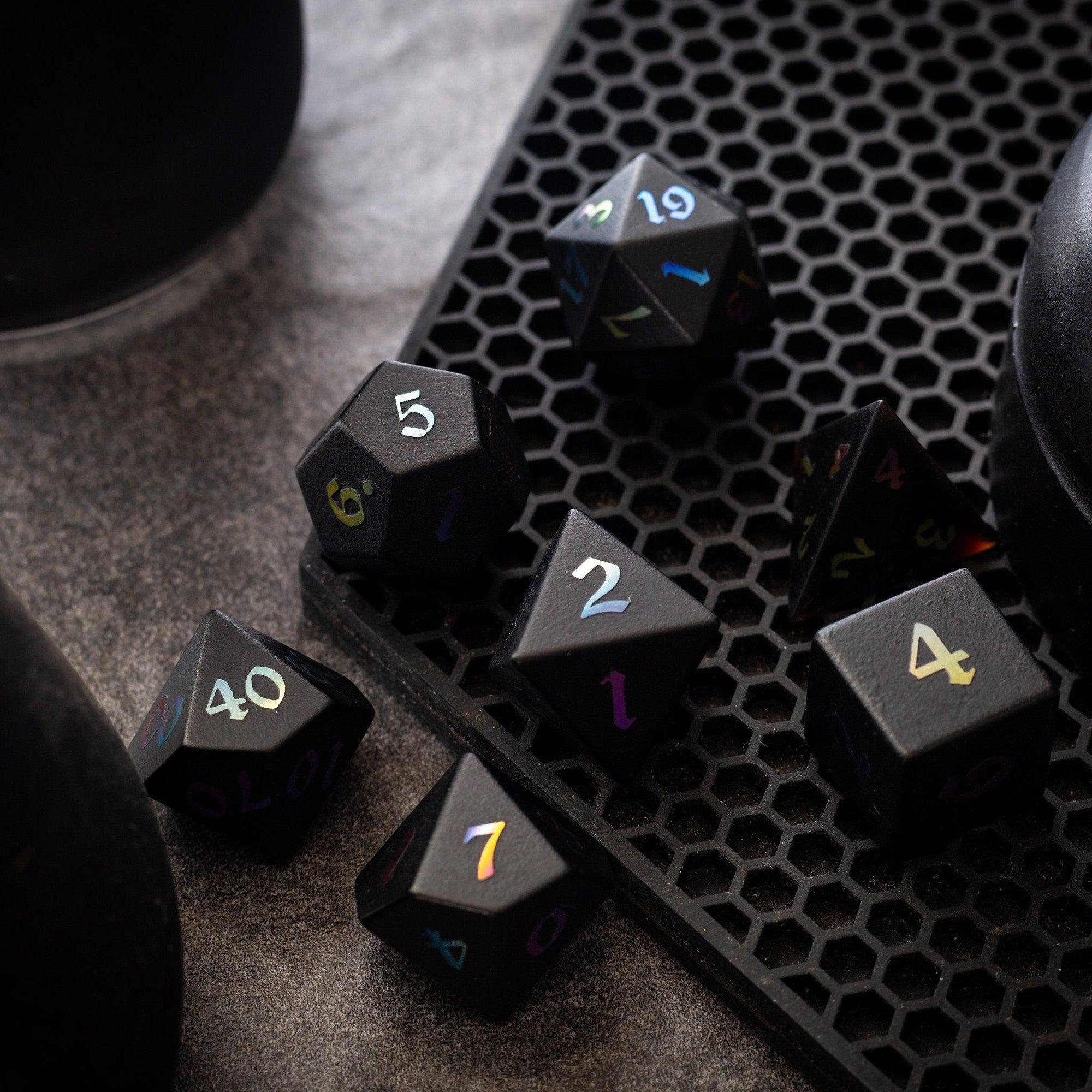 Inked Black Night Raised Obsidian Hand Carved Dice DND Set - Full Set And Free Dice Box