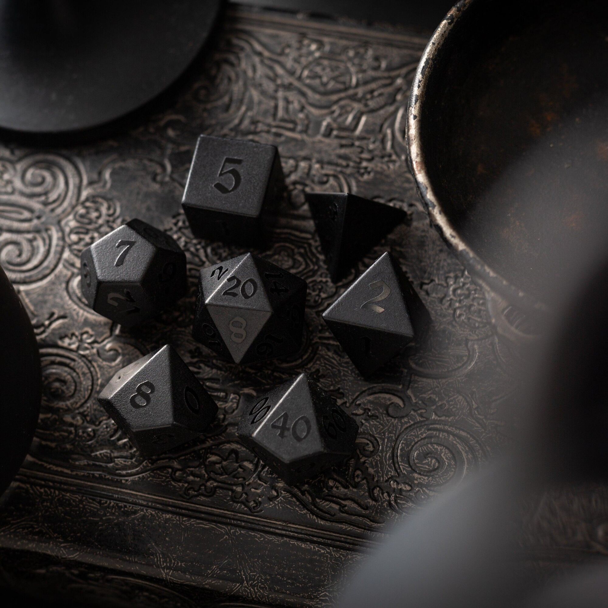 Gemstone Black Night Raised Obsidian Hand Carved DND Dice Set - Full Set And Free Dice Box