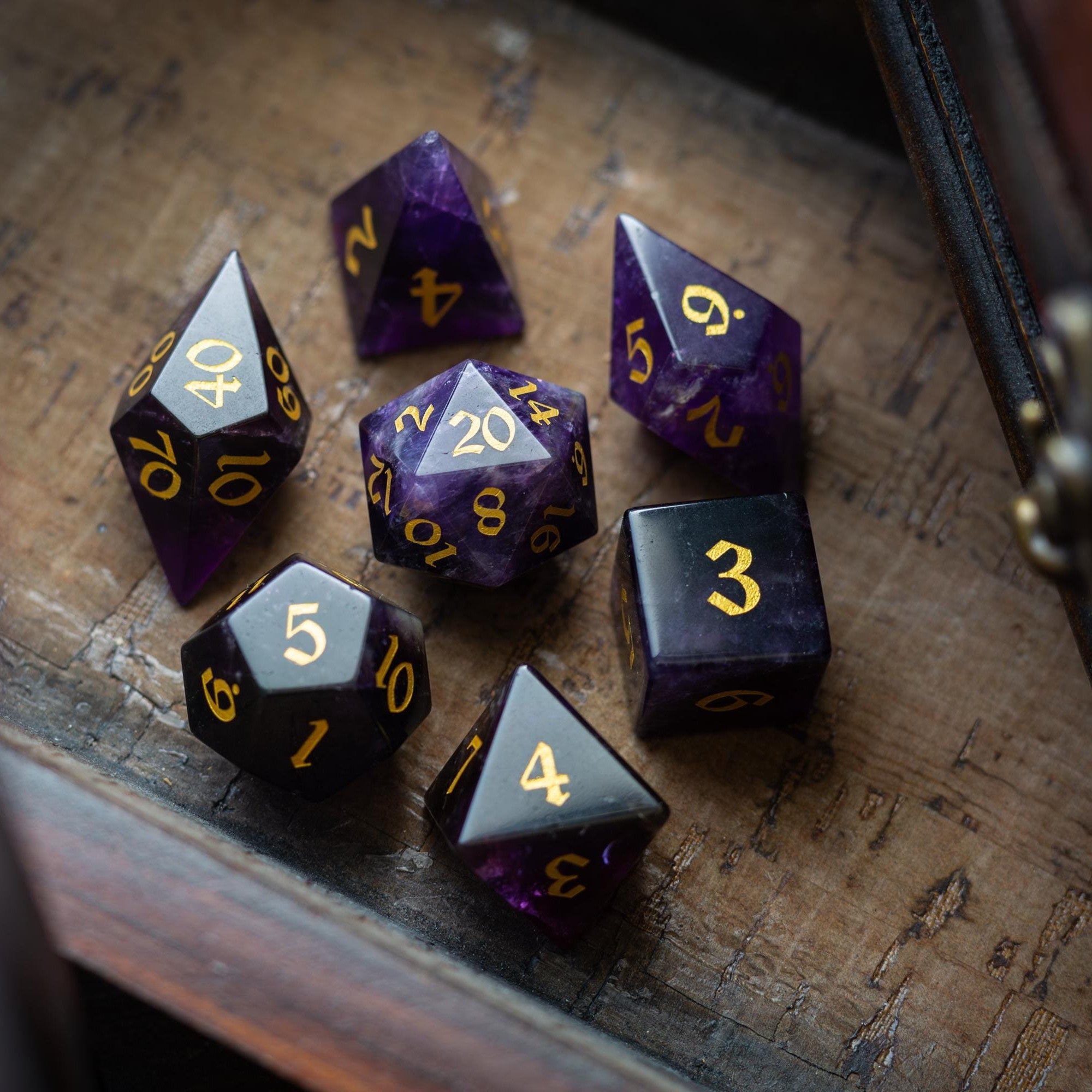 Gemstone Purple Amethyst Elven Cut DND Dice Set - Full Set And Free Dice Box