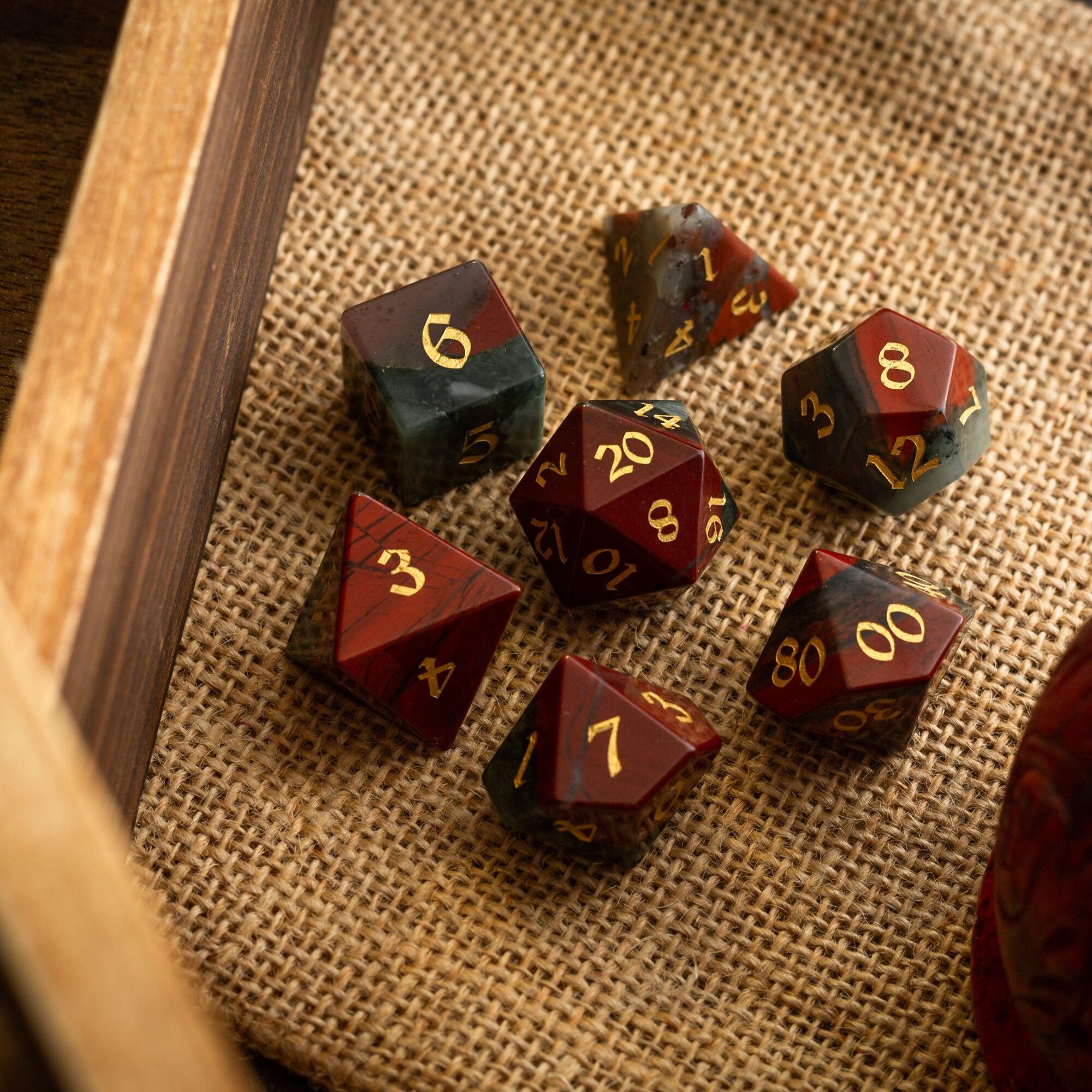 African Bloodstone Hand Carved Gemstone DND Dice Set - Full Set And Free Dice Box